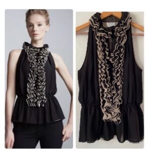 Neiman Marcus Black Sleeveless Ruffle Halter Top with Cream Trim